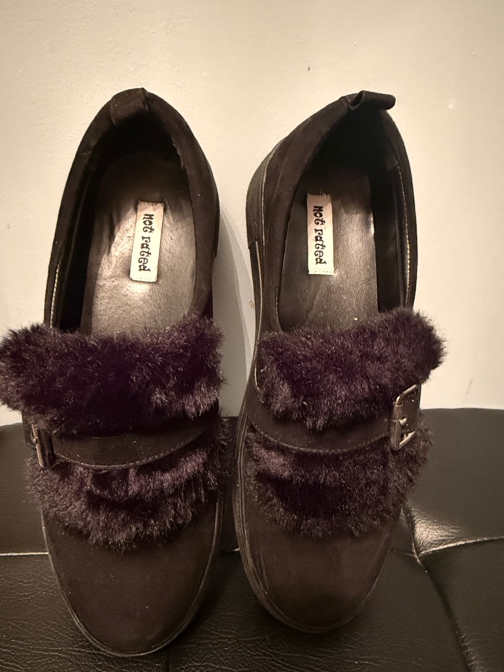 Women's Fur-Trim Slip-On Loafers in black